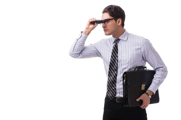 Young handsome businessman looking into future with binoculars — Stock Photo, Image