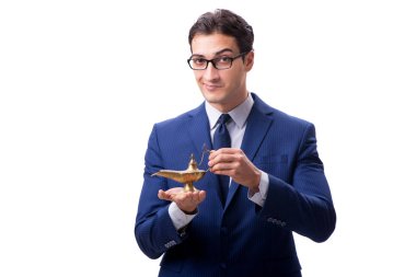 Sihirli lambası olan iş adamı beyazda izole edilmiş.