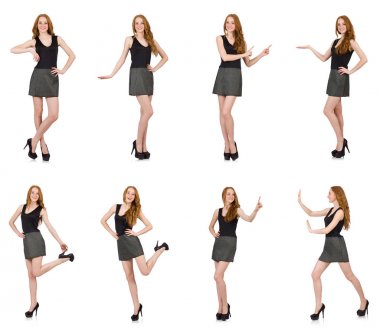 Beyaz izole gri elbiseli kızıl saçlı kız