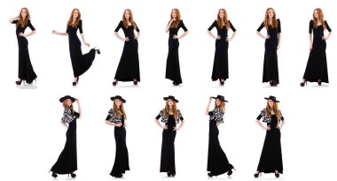 siyah elbise üzerine beyaz izole redhead