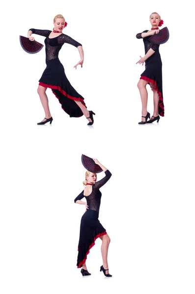 妇女跳舞西班牙舞蹈孤立在白色 — 图库照片