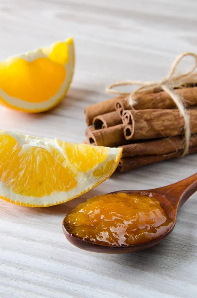 Orange jam served in spoon on the table — Stock Photo, Image