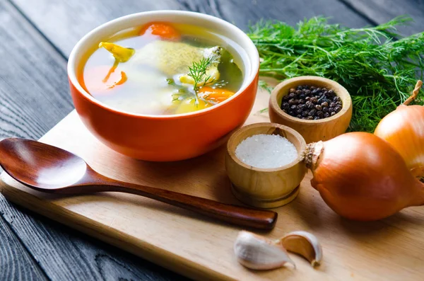 Fish soup served on the table in plate — Stock Image Fish soup served on the table in plate Stock Image