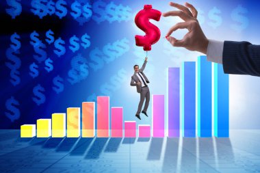 Dolar işareti üzerinde uçan bir iş adamı. Finansal olarak şişirilebilir balon.