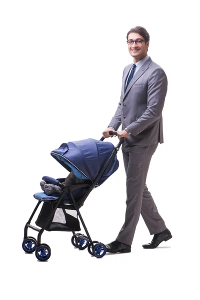 Young businessman nursing child in pram isolated on white — Stock Photo, Image