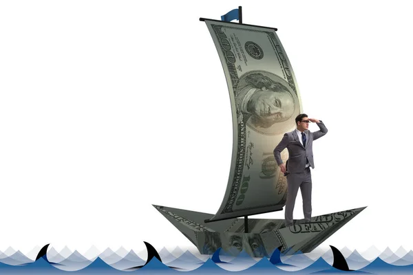 Empresario remando en barco dólar en concepto financiero de negocios — Foto de Stock