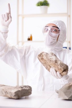 Bilimadamları laboratuarda taş örnekleri arıyor.