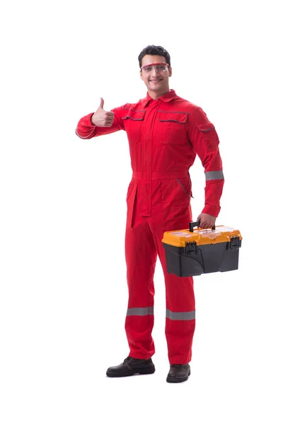 Работник подрядчика в красном комбинезоне с изолированным ящиком инструментов — стоковое фото
