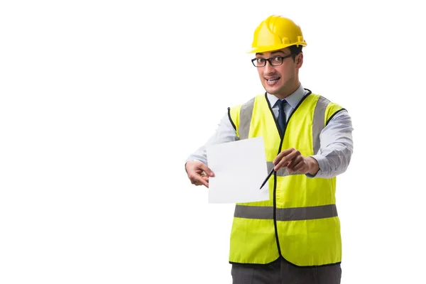 Supervisor de construcción con hoja en blanco aislado en respaldo blanco — Foto de Stock