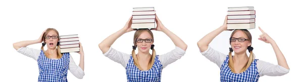 Étudiant drôle avec pile de livres — Photo