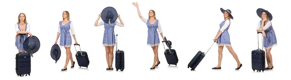 Mulher pronta para viajar de verão isolado em branco — Fotografia de Stock