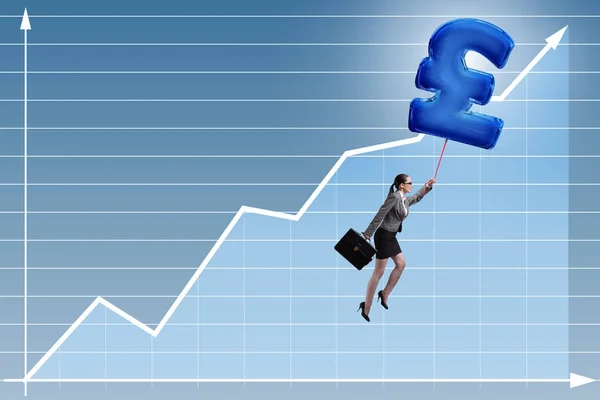 Businesswoman flying on british pound sign inflatable balloon — Stock Photo, Image