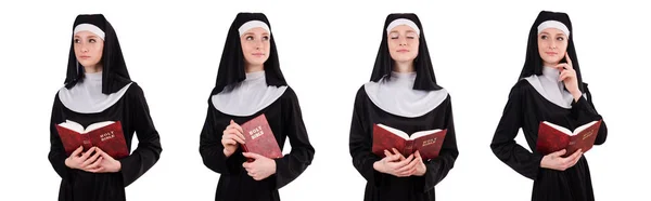 Joven monja con Biblia aislada en blanco —  Fotos de Stock