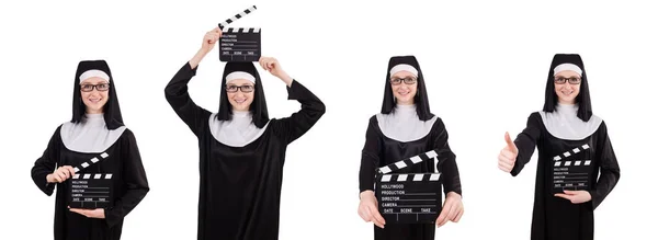 Junge Nonne mit Klappbrett isoliert auf weiß — Stockfoto