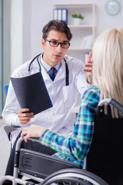 Mujer discapacitada en silla de ruedas visitando al médico hombre — Foto de Stock