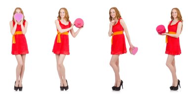 Genç güzel kız beyaz izole giftbox ile