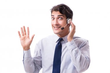 Kulaklıklı adam beyaz arkaplanda izole edilmiş.