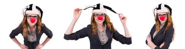 Забавна жінка клоун ізольована на білому — стокове фото