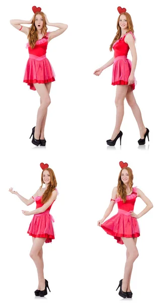 Досить молода модель в міні-рожевій сукні ізольована на білому — стокове фото