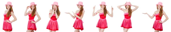 Hübsche junge Zauberin in rosa Minikleid isoliert auf weiß — Stockfoto