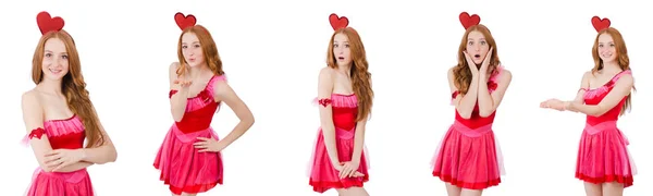 Vrij jong model in mini roze jurk geïsoleerd op wit — Stockfoto