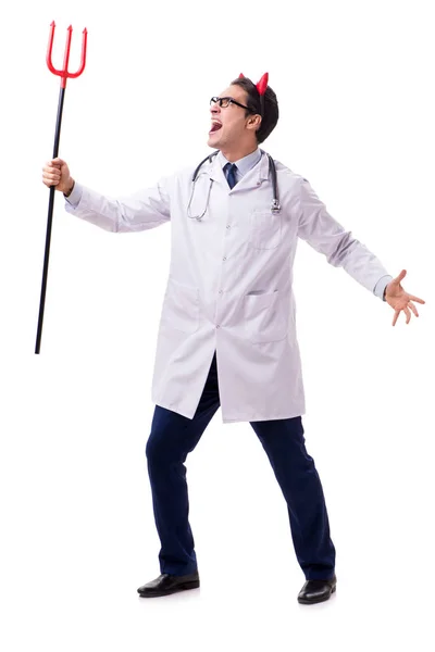 魔鬼医生在滑稽的医学概念中孤立在白色的背景下 — 图库照片