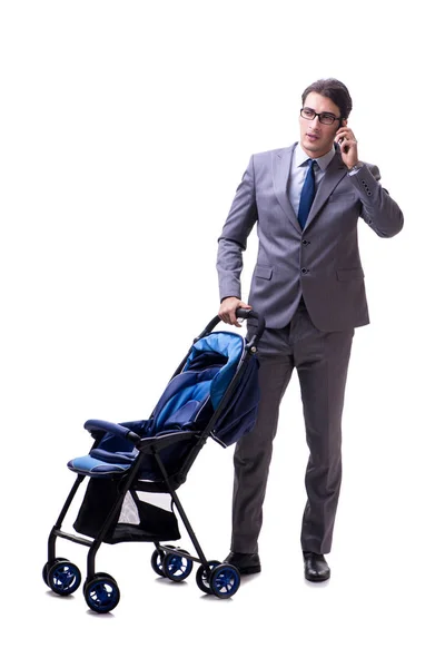 Joven padre hombre de negocios con bebé cochecito aislado en blanco — Foto de Stock
