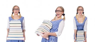 Bir yığın kitabı olan komik öğrenci.