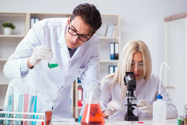 Due chimici che discutono in laboratorio — Foto Stock