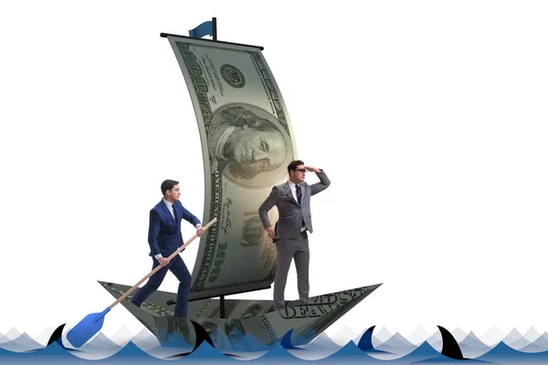 Zakenman roeien op dollarboot in business financieel concept — Stockfoto