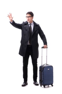 Bavullu genç işadamı beyaz üzerinde iş gezisine hazır.