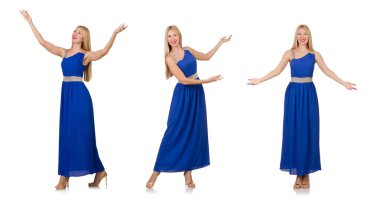 Uzun mavi elbiseli güzel kadın, beyaz tenli.