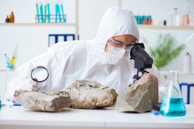 Bilimadamları laboratuarda taş örnekleri arıyor.