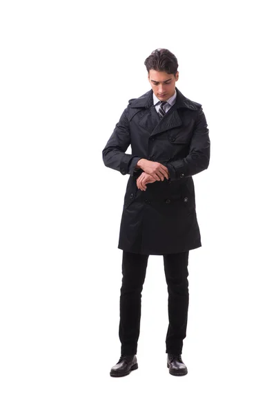 Ung affärsman bär vinterrock isolerad på vitt — Stockfoto