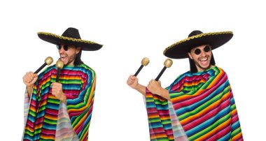 Handsome man in vivid poncho holding maracas isolated on white clipart