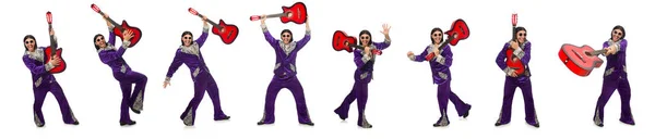 Man in funny clothing holding guitar isolated on white — Stock Photo, Image