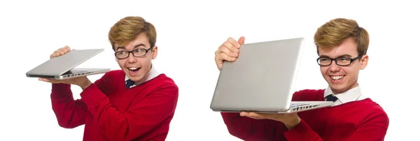 Estudante usando laptop isolado no branco — Fotografia de Stock