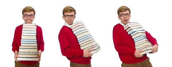 Estudiante divertido con libros aislados en blanco —  Fotos de Stock