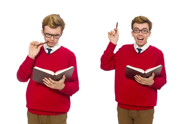 Estudante universitário com livro isolado em branco — Fotografia de Stock