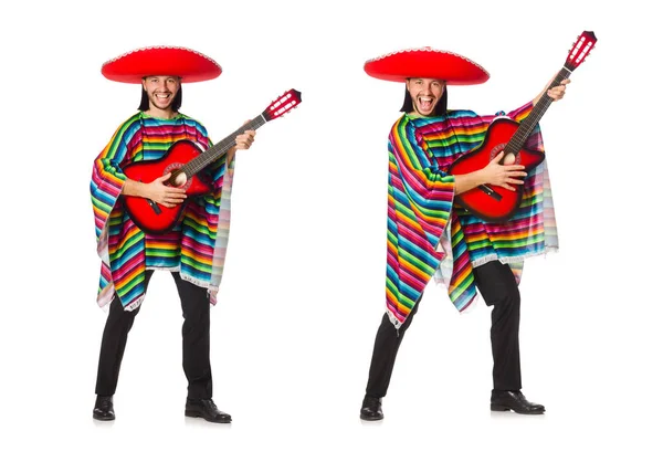墨西哥在抱着吉他上白色孤立的生动雨披 — 图库照片