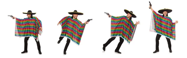 Snygg man i levande poncho innehav pistol isolerad på vit — Stockfoto