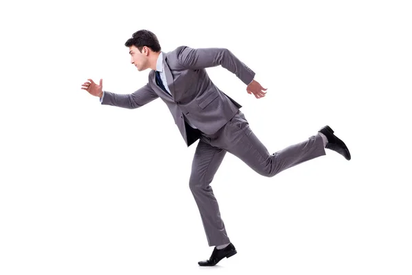 Young businessman running forward isolated on white — Stock Photo, Image