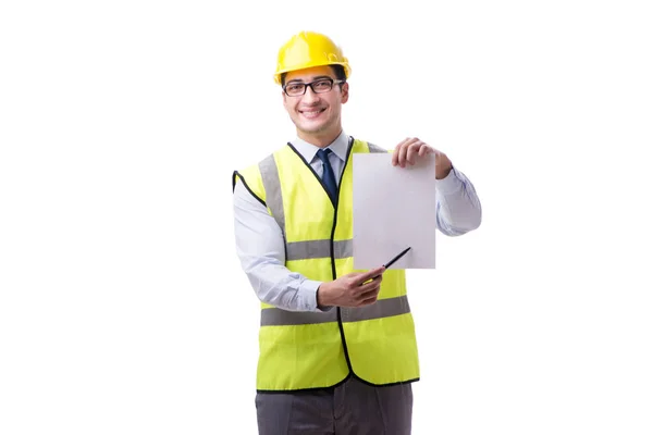 Superviseur de construction avec feuille blanche isolée sur fond blanc — Photo