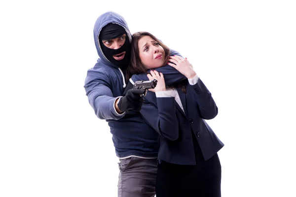 Businesswoman is kidnapped by the gunman — Stock Photo, Image