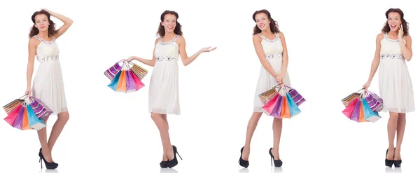 Sada žen s nákupními taškami na bílém — Stock fotografie