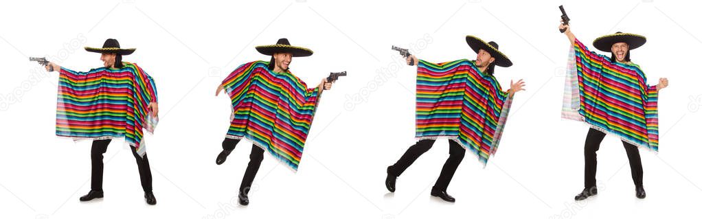 Handsome man in vivid poncho holding gun isolated on white