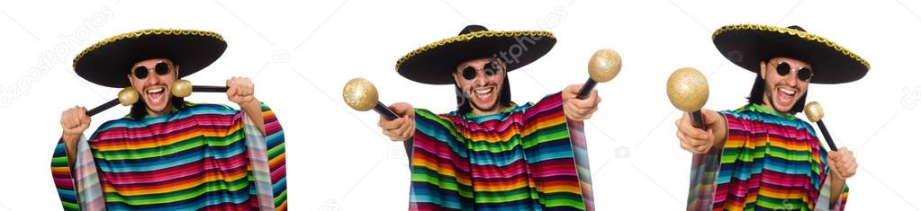 Handsome man in vivid poncho holding maracas isolated on white