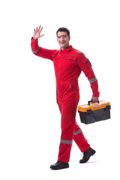 Imprenditore operaio in tuta rossa con cassetta degli attrezzi isolata su whit — Foto Stock