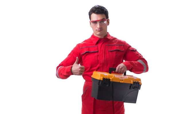 Travailleur contractuel en combinaison rouge avec boîte à outils isolée sur un coup de fouet — Photo