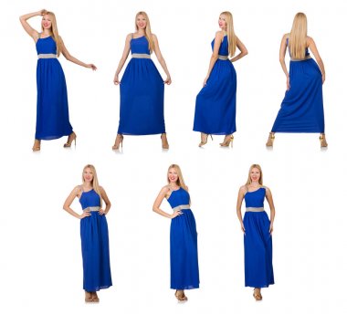 Uzun mavi elbiseli güzel kadın, beyaz tenli.